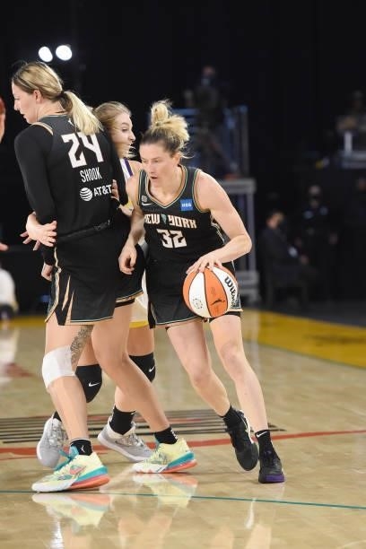 Sami Whitcomb of the New York Liberty dribbles the ball against the Los Angeles Sparks on June 20, 2021 at the Los Angeles Convention Center in Los...