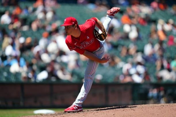 Spencer Howard of the Philadelphia Phillies pitches during the game between the Philadelphia Phillies and the San Francisco Giants at Oracle Park on...