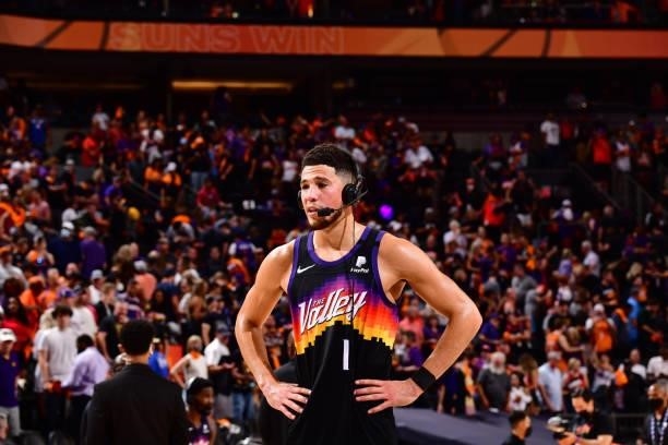 Devin Booker of the Phoenix Suns is interviewed after the game against the LA Clippers during Game 1 of the Western Conference Finals of the 2021 NBA...