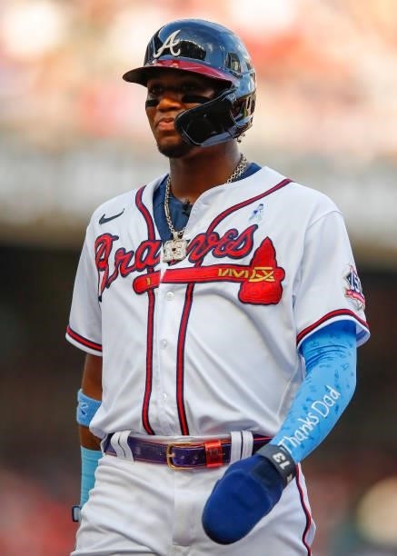 Ronald Acuna Jr. #13 of the Atlanta Braves is seen wearing an arm sleeve saying 'thanks dad' in honor of Fathers Day in the first inning of game two...