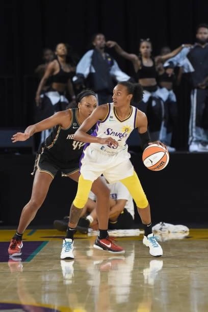 Betnijah Laney of the New York Liberty plays defense on Brittney Sykes of the Los Angeles Sparks on June 20, 2021 at the Los Angeles Convention...