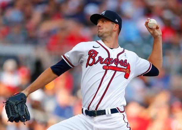 Drew Smyly of the Atlanta Braves delivers the pitch in the first inning of game two of a doubleheader against the St. Louis Cardinals at Truist Park...