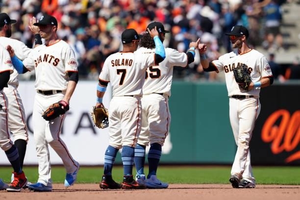 The San Francisco Giants celebrate after the game between the Philadelphia Phillies and the San Francisco Giants at Oracle Park on Sunday, June 20,...