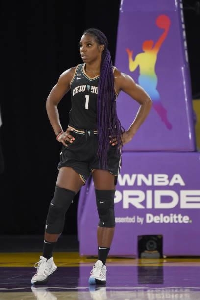 Reshanda Gray of the New York Liberty looks on during the game against the Los Angeles Sparks on June 20, 2021 at the Los Angeles Convention Center...