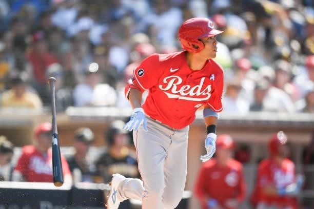Shogo Akiyama of the Cincinnati Reds flies out during the eighth inning of a baseball game against the San Diego Padres at Petco Park on June 20,...