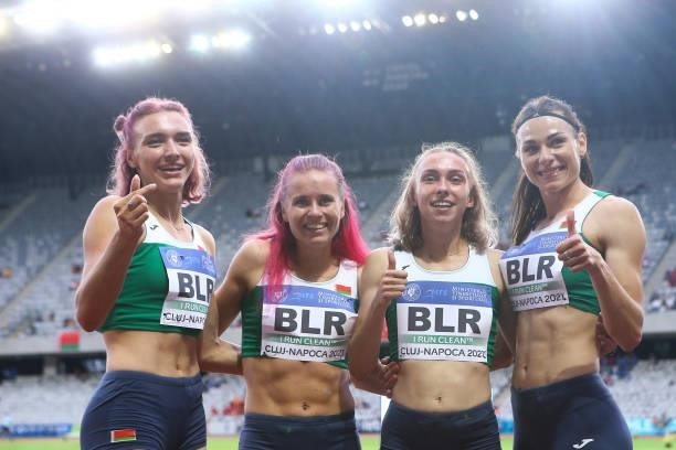 Luchshava Alina Luchshava, Yuliya Bliznets, Asteria Uzo Limai and Aliaksandra Khilmanovich of Belarus pose for a team photo after a win in the...