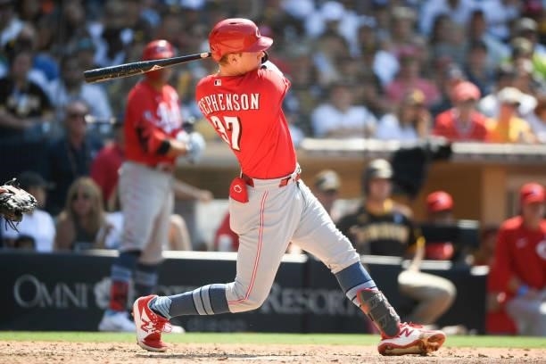 Tyler Stephenson of the Cincinnati Reds hits a double during the eighth inning of a baseball game against the San Diego Padres at Petco Park on June...