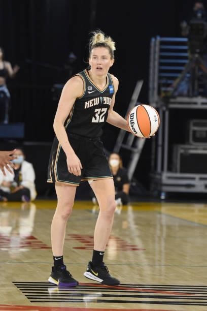 Sami Whitcomb of the New York Liberty handles the ball against the Los Angeles Sparks on June 20, 2021 at the Los Angeles Convention Center in Los...