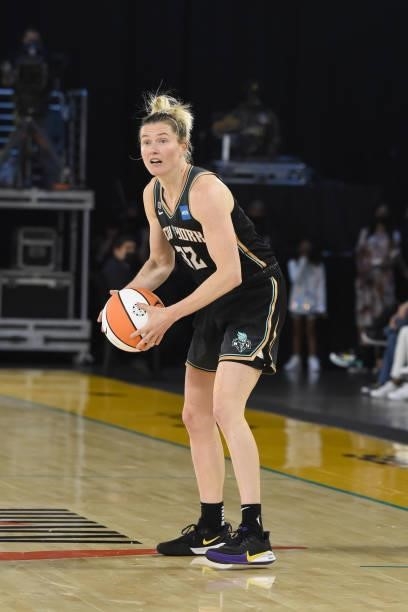 Sami Whitcomb of the New York Liberty handles the ball against the Los Angeles Sparks on June 20, 2021 at the Los Angeles Convention Center in Los...