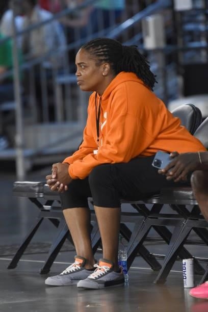 Former Los Angeles Sparks player Tamecka Dixon looks on during the game between the Los Angeles Sparks and the New York Liberty on June 20, 2021 at...