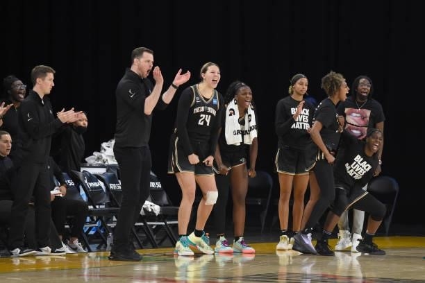 The New York Liberty celebrate during the game against the Los Angeles Sparks on June 20, 2021 at the Los Angeles Convention Center in Los Angeles,...