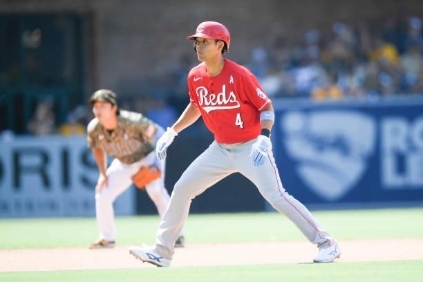 Shogo Akiyama of the Cincinnati Reds leads off of second base during the seventh inning of a baseball game against the San Diego Padres at Petco Park...