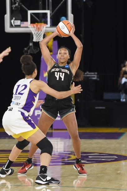 Betnijah Laney of the New York Liberty looks to pass the ball against the Los Angeles Sparks on June 20, 2021 at the Los Angeles Convention Center in...