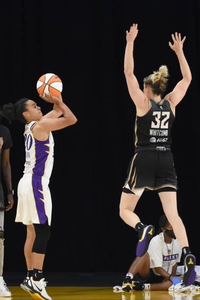 Kristi Toliver of the Los Angeles Sparks shoots the ball against the New York Liberty on June 20, 2021 at the Los Angeles Convention Center in Los...