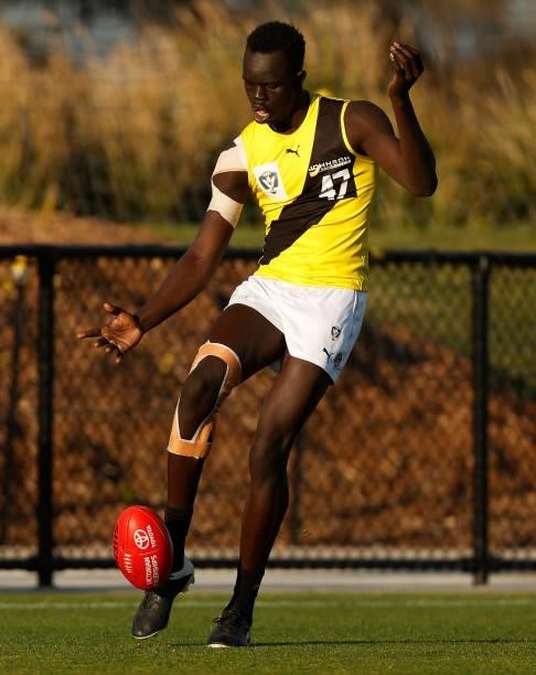 Bigoa Nyuon of the Tigers in action during the VFL Round 10 match between the Williamstown Seagulls and the Richmond Tigers at Downer Oval on June...