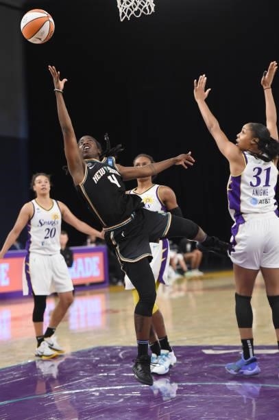 Jazmine Jones of the New York Liberty shoots the ball against the Los Angeles Sparks on June 20, 2021 at the Los Angeles Convention Center in Los...