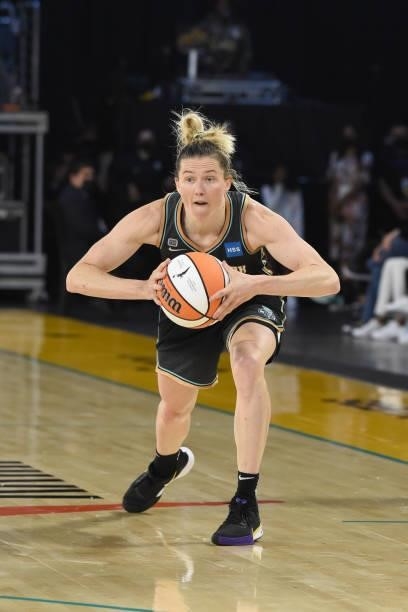 Sami Whitcomb of the New York Liberty looks to pass the ball against the Los Angeles Sparks on June 20, 2021 at the Los Angeles Convention Center in...