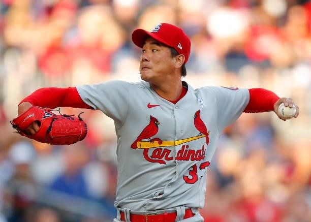 Kwang Hyun Kim of the St. Louis Cardinals delivers the pitch in the first inning of game two of a doubleheader against the Atlanta Braves at Truist...