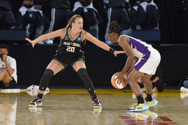 Sabrina Ionescu of the New York Liberty plays defense on Erica Wheeler of the Los Angeles Sparks on June 20, 2021 at the Los Angeles Convention...