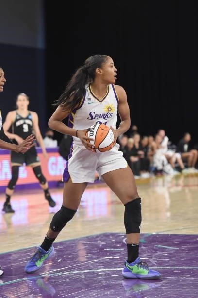 Kristine Anigwe of the Los Angeles Sparks handles the ball against the New York Liberty on June 20, 2021 at the Los Angeles Convention Center in Los...