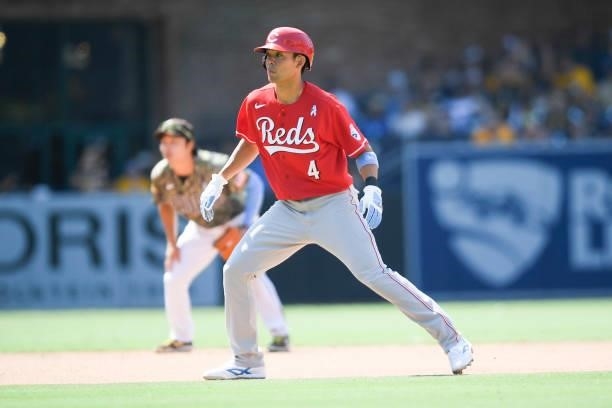 Shogo Akiyama of the Cincinnati Reds leads off of second base during the seventh inning of a baseball game against the San Diego Padres at Petco Park...
