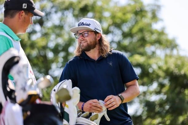 Zach Cabra looks on during the final round of the Wichita Open Benefitting KU Wichita Pediatrics at Crestview Country Club on June 20, 2021 in...