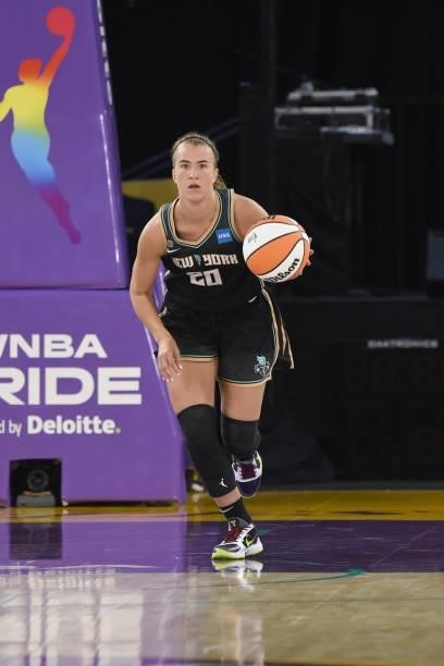 Sabrina Ionescu of the New York Liberty dribbles the ball against the Los Angeles Sparks on June 20, 2021 at the Los Angeles Convention Center in Los...
