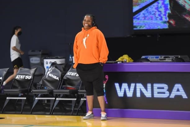 Former Los Angeles Sparks player Tamecka Dixon talks with the media during the game between the Los Angeles Sparks and the New York Liberty on June...