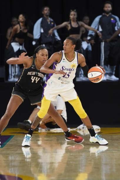 Betnijah Laney of the New York Liberty plays defense on Brittney Sykes of the Los Angeles Sparks on June 20, 2021 at the Los Angeles Convention...