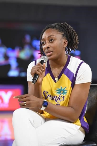 Nneka Ogwumike of the Los Angeles Sparks talks with sports journalist Ari Chambers and DJ Mal-Ski after the game against the New York Liberty on June...