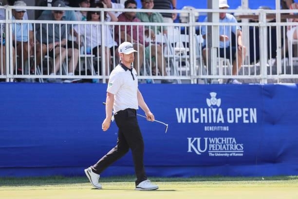 Patrick Fishburn looks on from the 18th green during the final round of the Wichita Open Benefitting KU Wichita Pediatrics at Crestview Country Club...