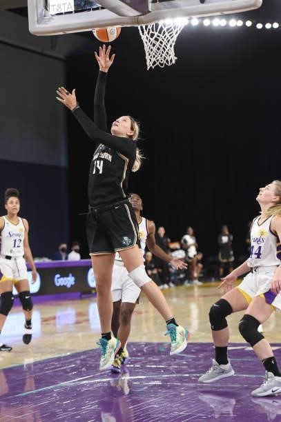 Kylee Shook of the New York Liberty shoots the ball against the Los Angeles Sparks on June 20, 2021 at the Los Angeles Convention Center in Los...
