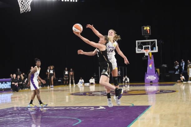 Sami Whitcomb of the New York Liberty drives to the basket against the Los Angeles Sparks on June 20, 2021 at the Los Angeles Convention Center in...