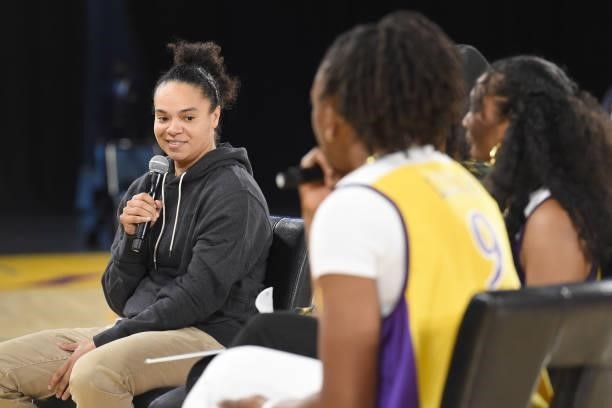 Kristi Toliver of the Los Angeles Sparks talks after the game against the New York Liberty on June 20, 2021 at the Los Angeles Convention Center in...