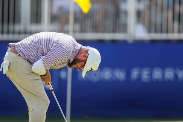 Erik Barnes reacts after missing his putt on the 18th green during the final round of the Wichita Open Benefitting KU Wichita Pediatrics at Crestview...