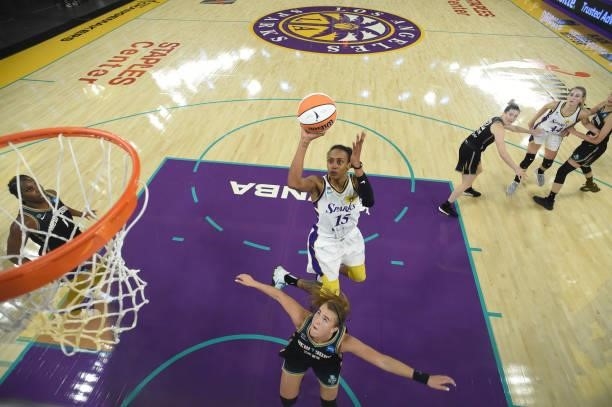 Brittney Sykes of the Los Angeles Sparks shoots the ball against the New York Liberty on June 20, 2021 at the Los Angeles Convention Center in Los...
