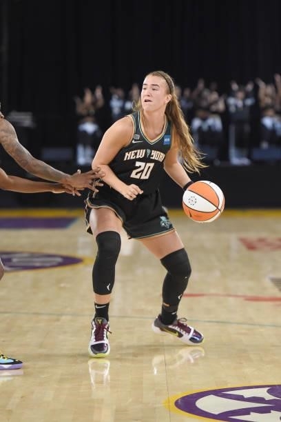 Sabrina Ionescu of the New York Liberty handles the ball against the Los Angeles Sparks on June 20, 2021 at the Los Angeles Convention Center in Los...