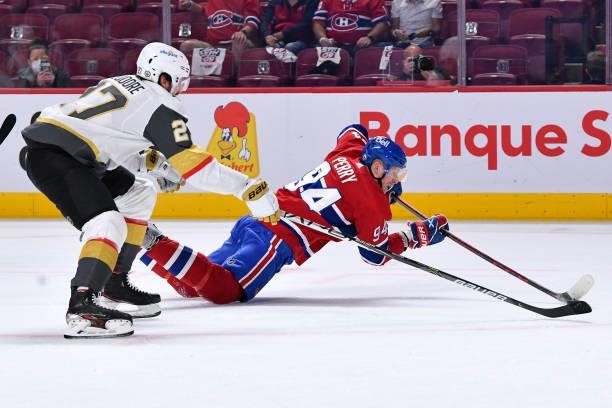 June 20: Corey Perry of the Montreal Canadiens slides to make a pass while being challenged by Shea Theodore of the Vegas Golden Knights in Game Four...