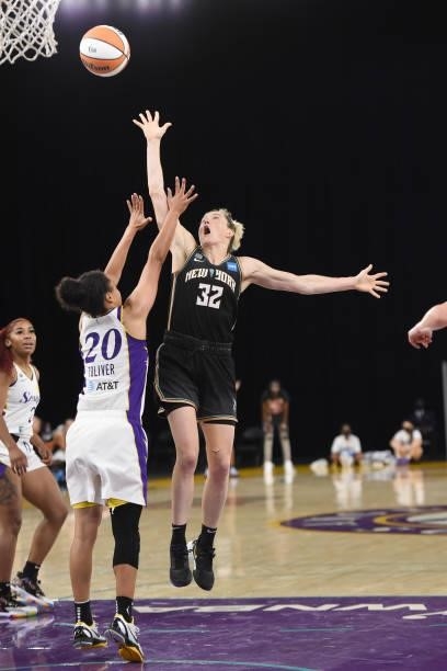 Sami Whitcomb of the New York Liberty shoots the ball against the Los Angeles Sparks on June 20, 2021 at the Los Angeles Convention Center in Los...