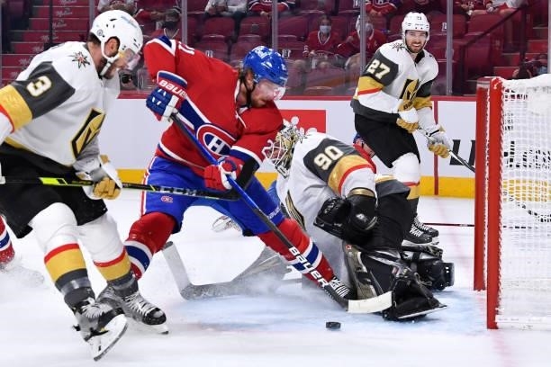 June 20: Goalie Robin Lehner of the Vegas Golden Knights makes a kick save on a shot by Eric Staal of the Montreal Canadiens in Game Four of the...