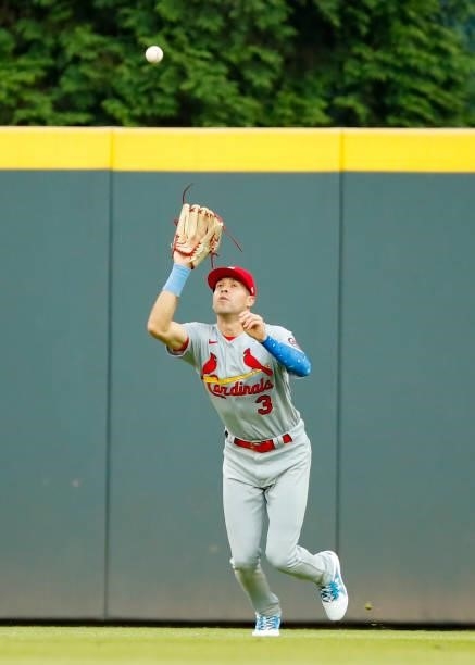 Dylan Carlson of the St. Louis Cardinals catches a fly ball in the fourth inning of game two of a doubleheader against the Atlanta Braves at Truist...