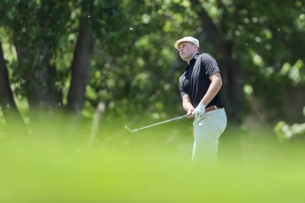 Harry Hall of England looks on from the 3rd hole during the final round of the Wichita Open Benefitting KU Wichita Pediatrics at Crestview Country...