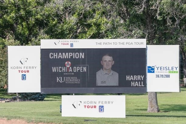Sign about Harry Hall of England is seen after the Wichita Open Benefitting KU Wichita Pediatrics at Crestview Country Club on June 20, 2021 in...