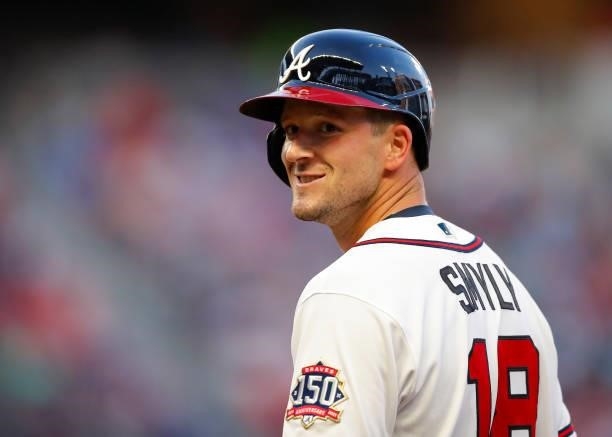 Drew Smyly of the Atlanta Braves reacts after hitting a single in the fifth inning of game two of a doubleheader against the St. Louis Cardinals at...