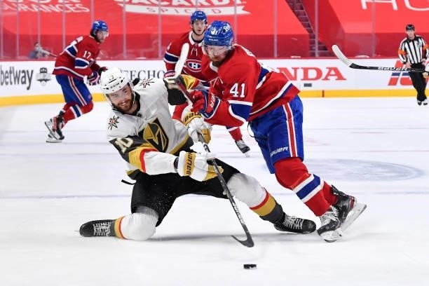 June 20: Nicolas Roy of the Vegas Golden Knights fires a shot while being challenged by Paul Byron of the Montreal Canadiens in Game Four of the...