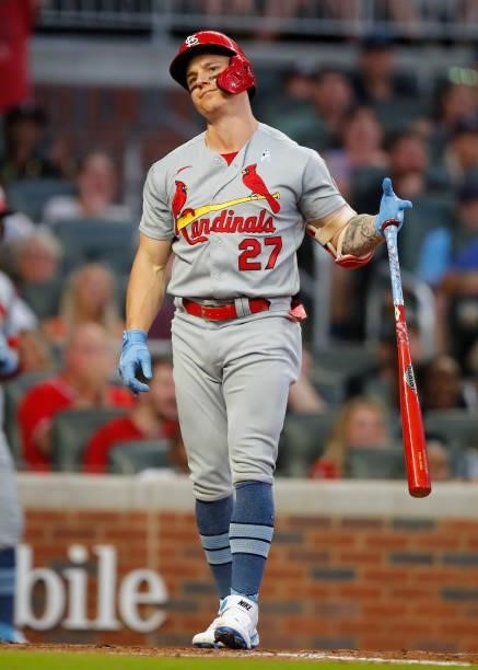 Tyler O'Neill of the St. Louis Cardinals reacts after striking out in the sixth inning of game two of a doubleheader against the Atlanta Braves at...