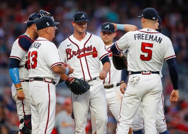 Drew Smyly of the Atlanta Braves is pulled from the game in the sixth inning of game two of a doubleheader against the St. Louis Cardinals at Truist...