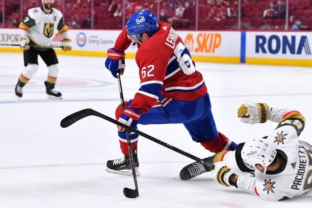 June 20: Artturi Lehkonen of the Montreal Canadiens battles for the puck against Max Pacioretty of the Vegas Golden Knights in Game Four of the...