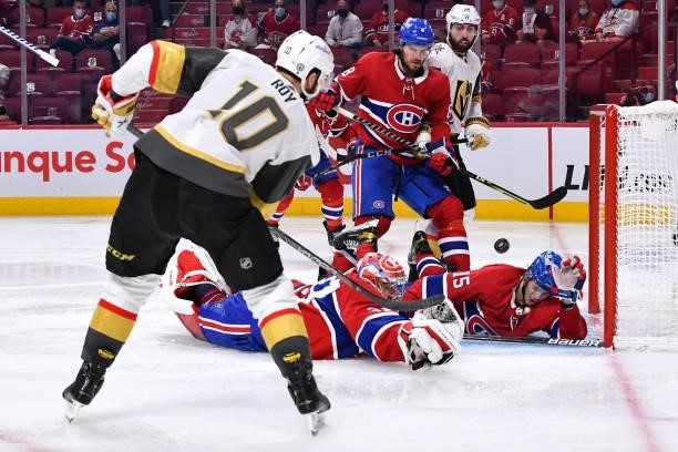 June 20: Nicolas Roy of the Vegas Golden Knights shots to score the overtime winning goal on goalie Carey Price of the Montreal Canadiens in Game...