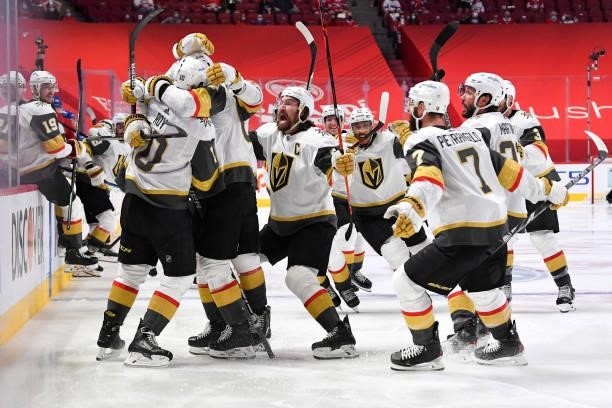 June 20: The Vegas Golden Knights players celebrate after defeating the Montreal Canadiens in Game Four of the Stanley Cup Semifinals of the 2021...